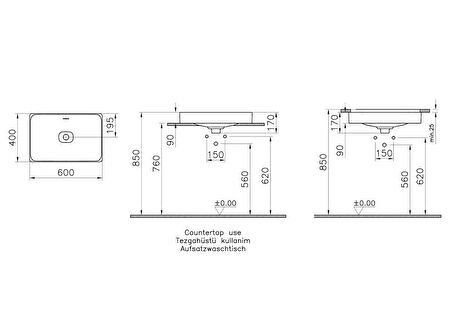 VitrA Metropole 7535B076-1398 Dikdörtgen Çanak Lavabo, 60cm, Mat Taş Gri